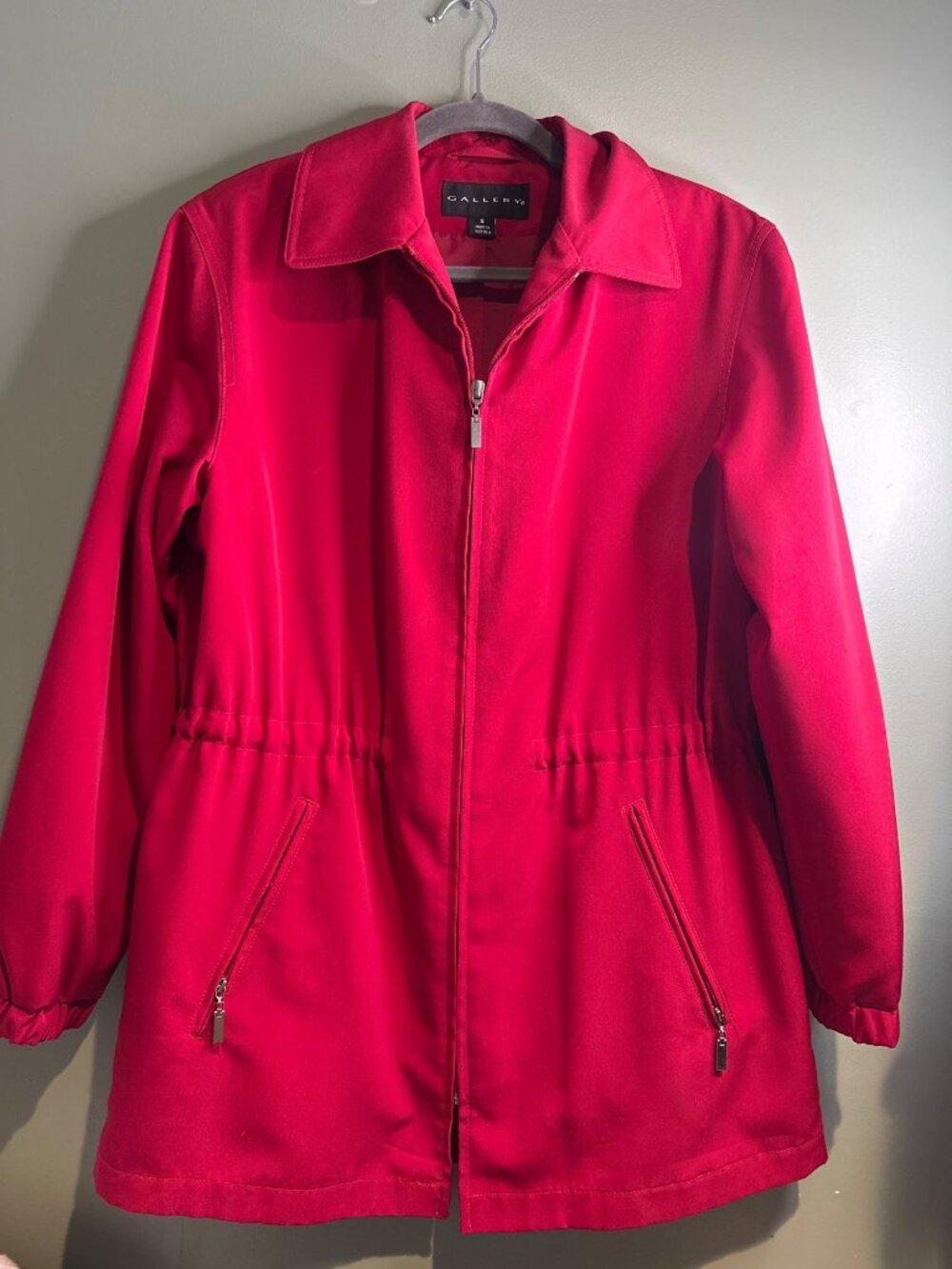 Gallery Red Zip Front Jacket Women's Small Drawstring Waist Lightweight Coat